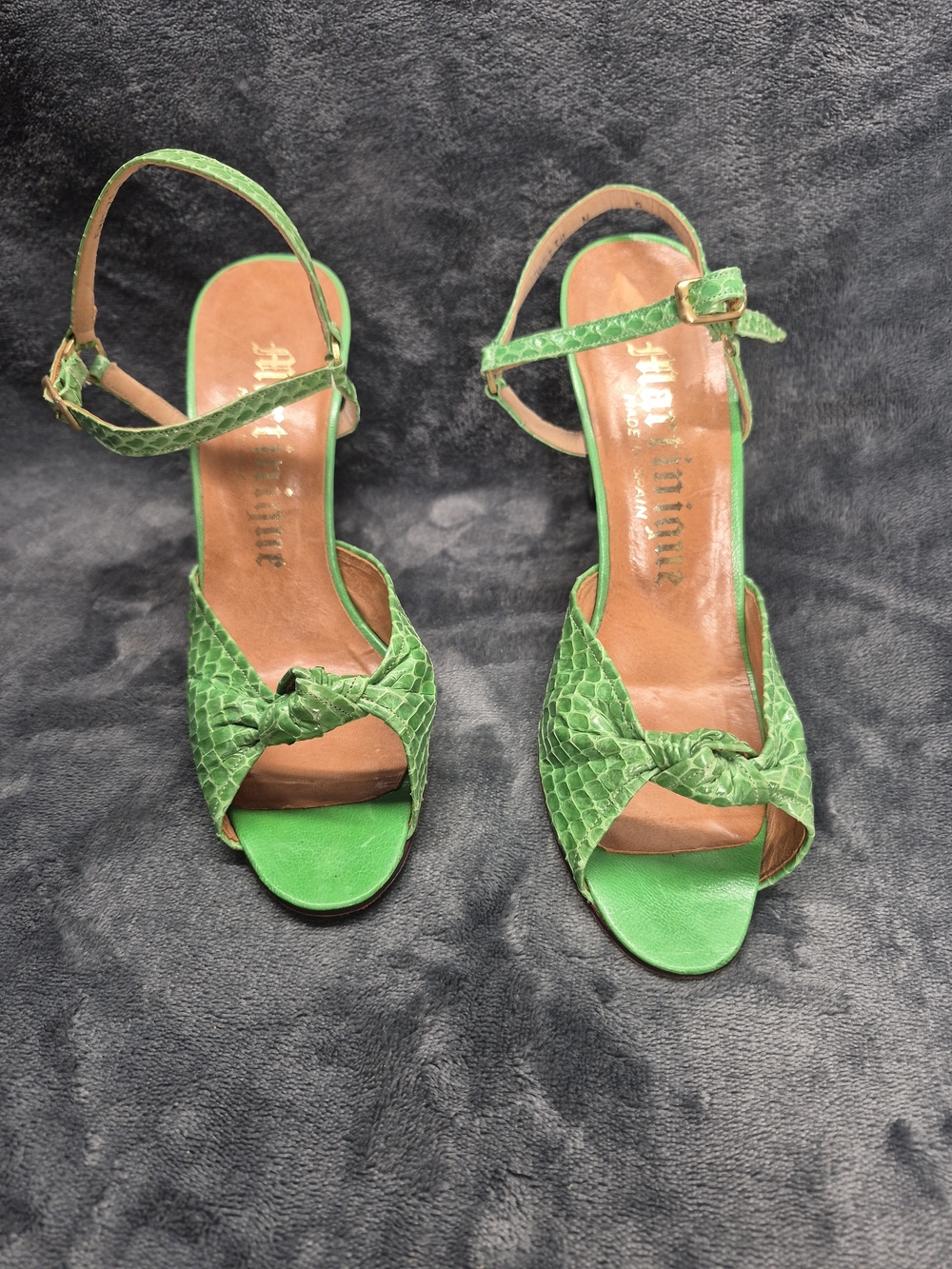 Vtg Martinique Green Faux Leather Snakeskin Strappy Sandals Luxury 1940's... Sz8
